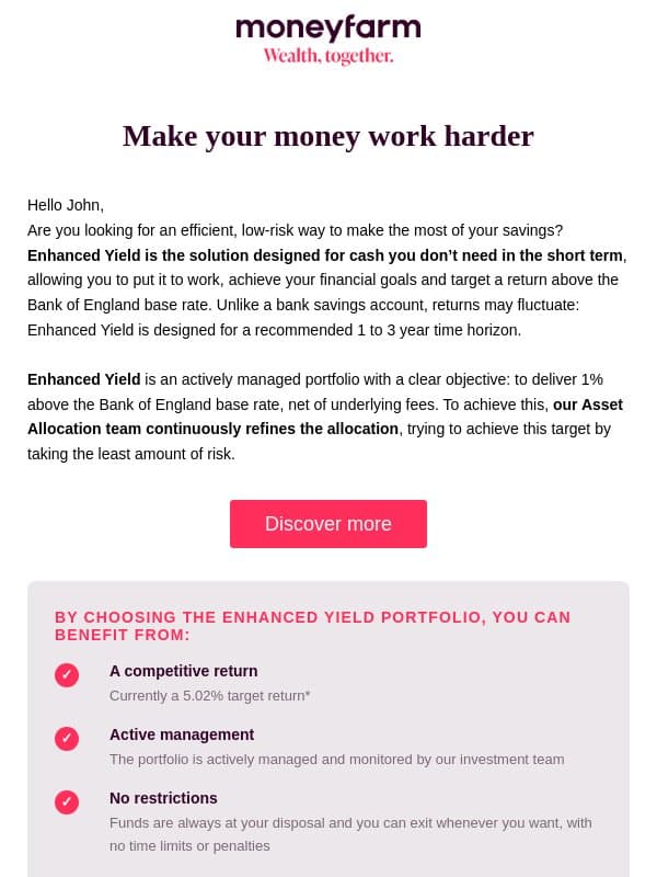 Enhanced Yield: 5.02% target return with low risk email from Moneyfarm