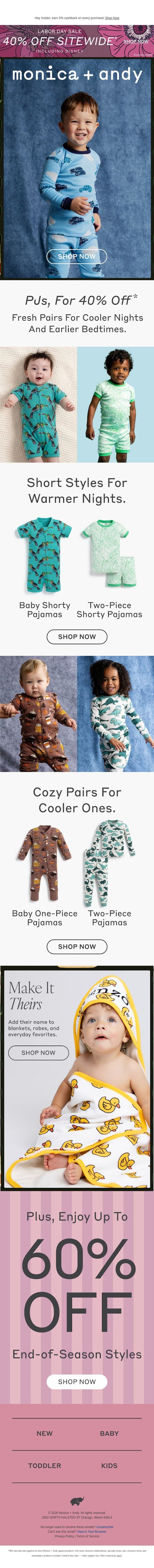 Cozy Nights, 40% Off email from Monica + Andy screenshot