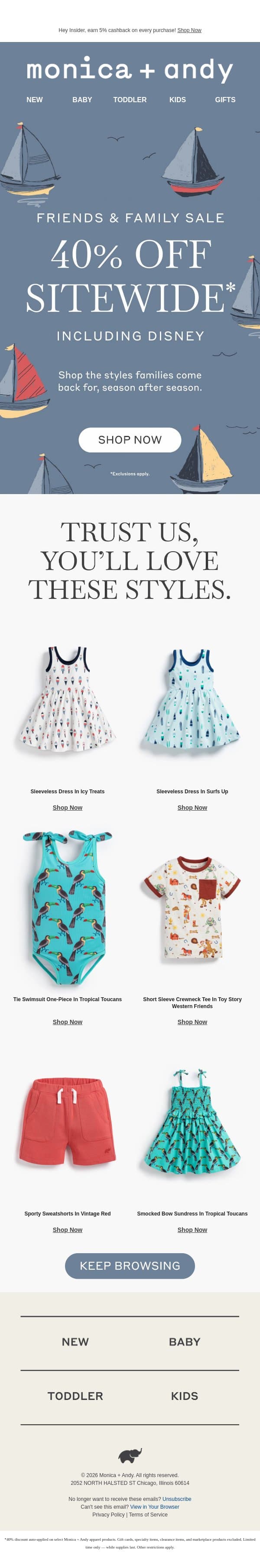 40% Off Sitewide Including Disney! email from Monica + Andy screenshot