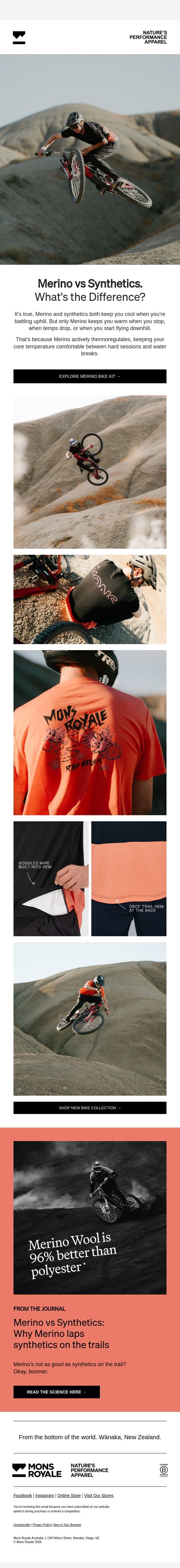 Merino vs Synthetics. What’s the difference? email from Mons Royale screenshot