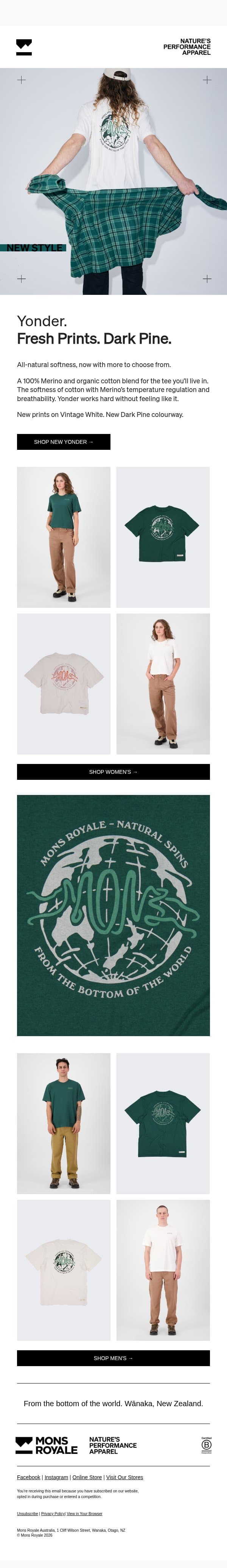 New prints. New Dark Pine. email from Mons Royale screenshot