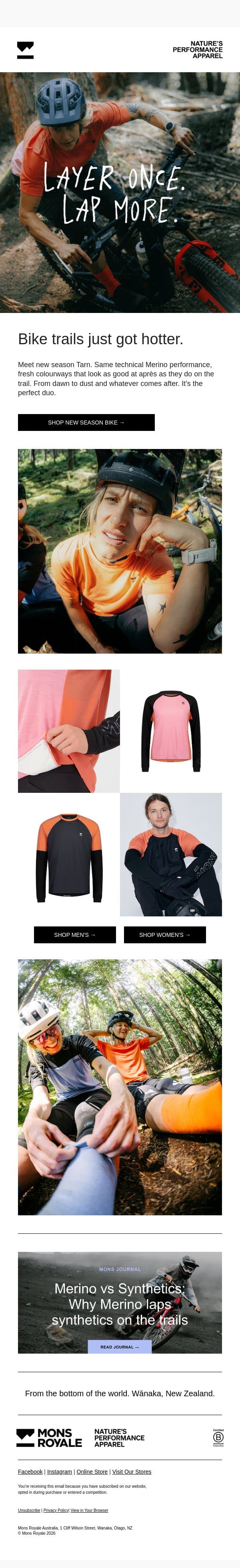 New season Tarn. Fresh colourways. email from Mons Royale screenshot