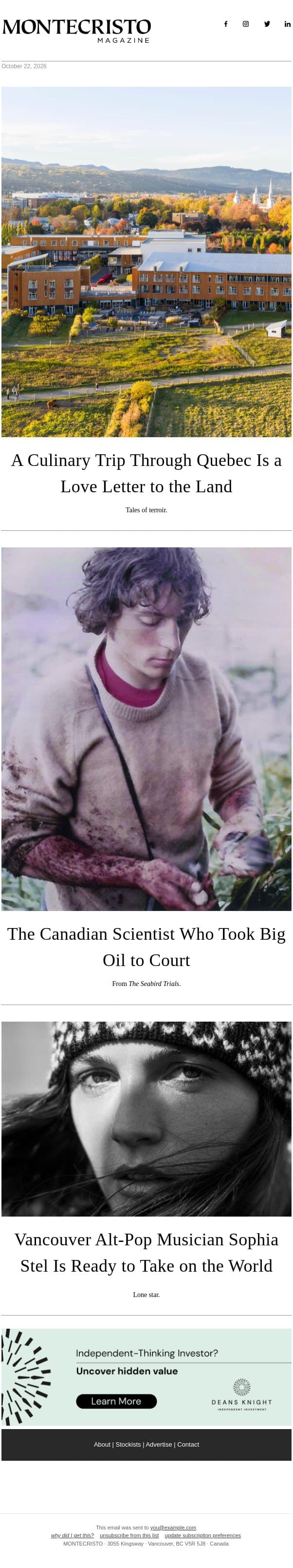 A Culinary Trip Through Quebec, The Canadian Scientist Who Took Big Oil to Court, and Vancouver Alt-Pop Musician Sophia Stel email from MONTECRISTO Magazine screenshot