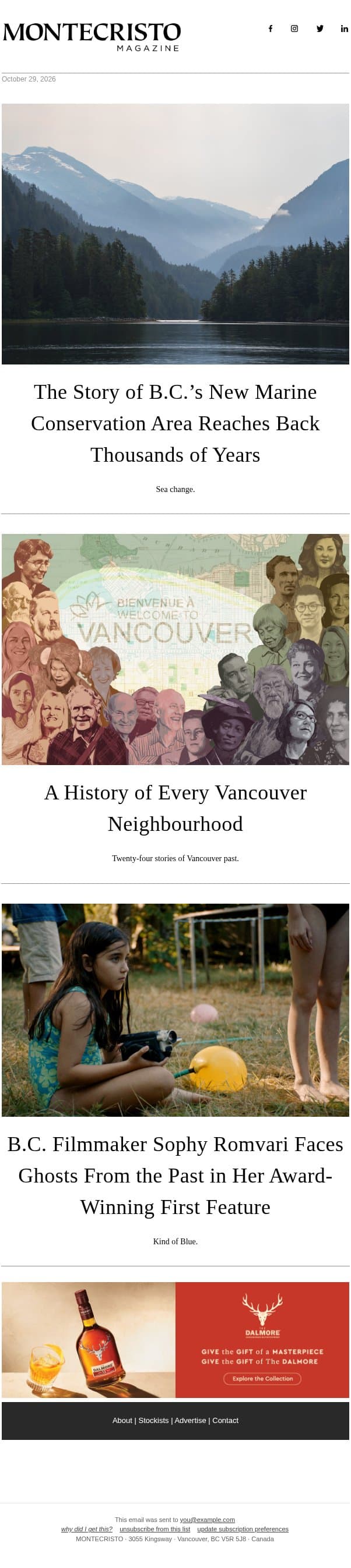B.C.’s New Marine Conservation Area, A History of Every Neighbourhood in Vancouver, and Sophy Romvari's Blue Heron email from MONTECRISTO Magazine screenshot