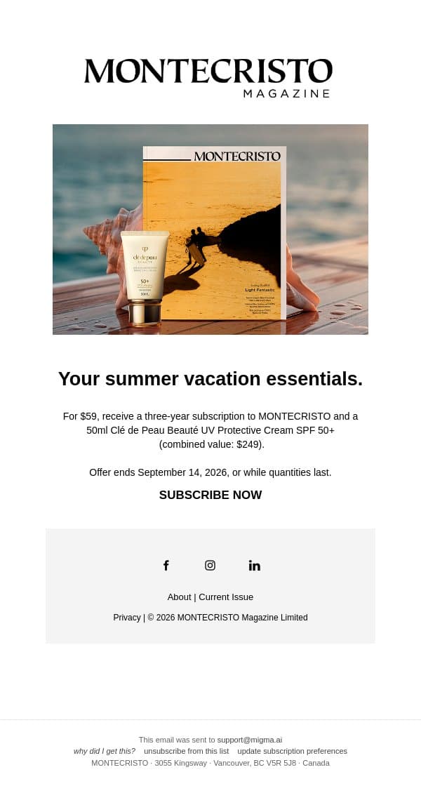 Your summer vacation essentials email from MONTECRISTO Magazine screenshot