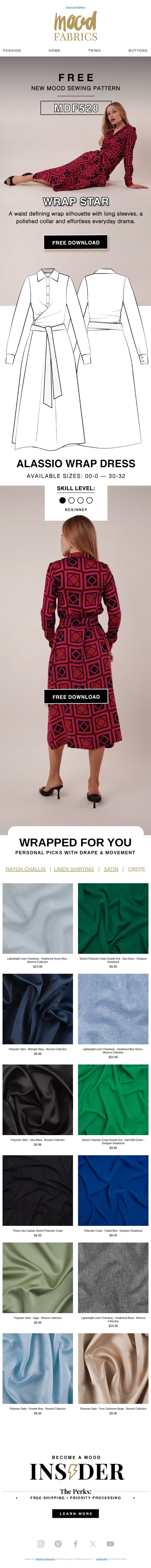 🆕 FREE Pattern | Alassio Wrap Dress 💃 email from Mood Fabrics screenshot
