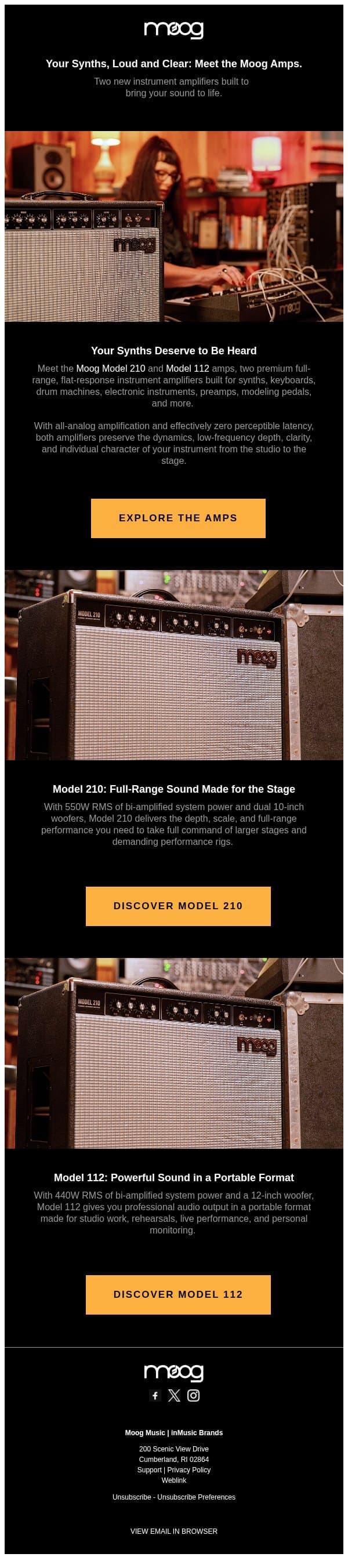 Your Synths, Loud and Clear: Meet the Moog Amps email from Moog Music screenshot