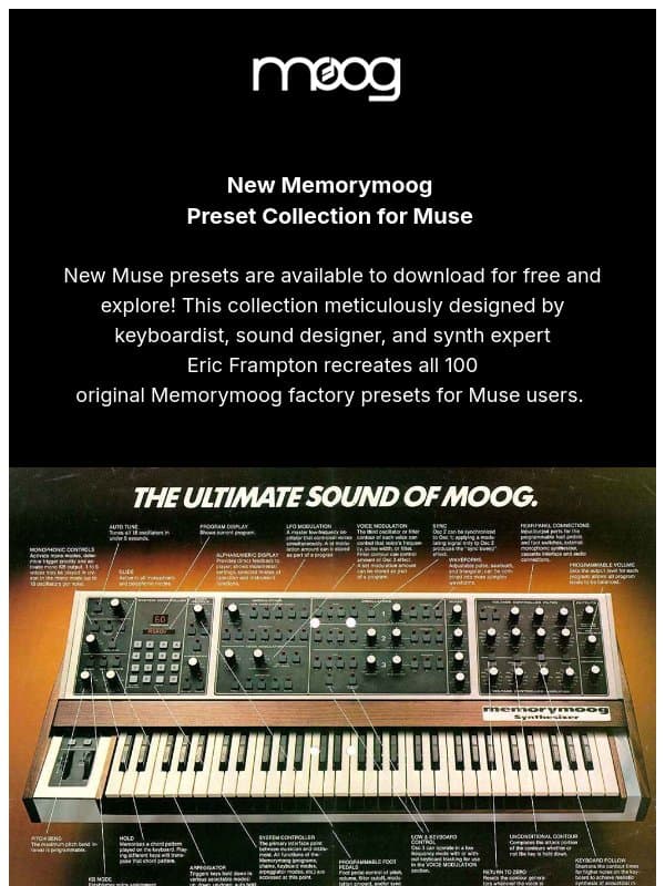 New Memorymoog-Inspired Presets for Muse email from Moog Music