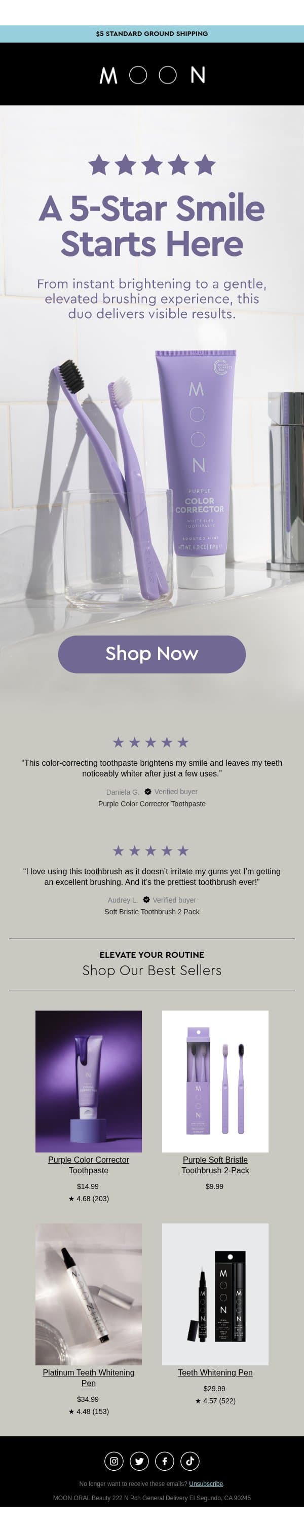 A 5-Star Smile Starts Here email from Moon Oral Beauty screenshot
