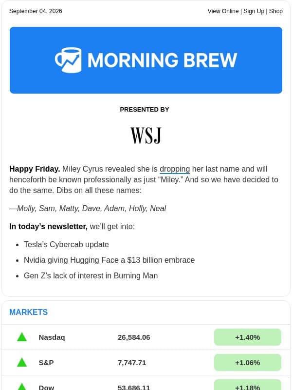☕️ Hello, Cybercab email from Morning Brew