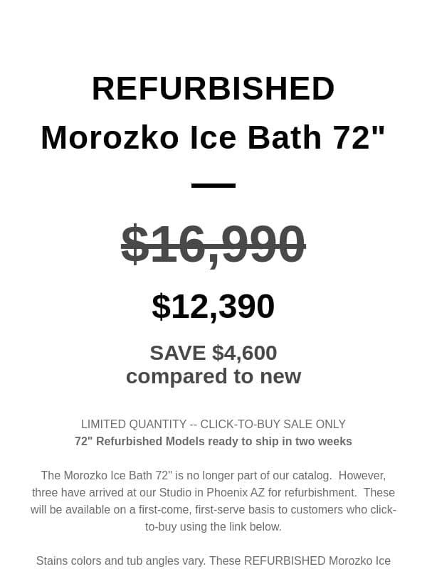 Save $4,600 | REFURBISHED Morozko Ice Bath 72" only email from Morozko Forge