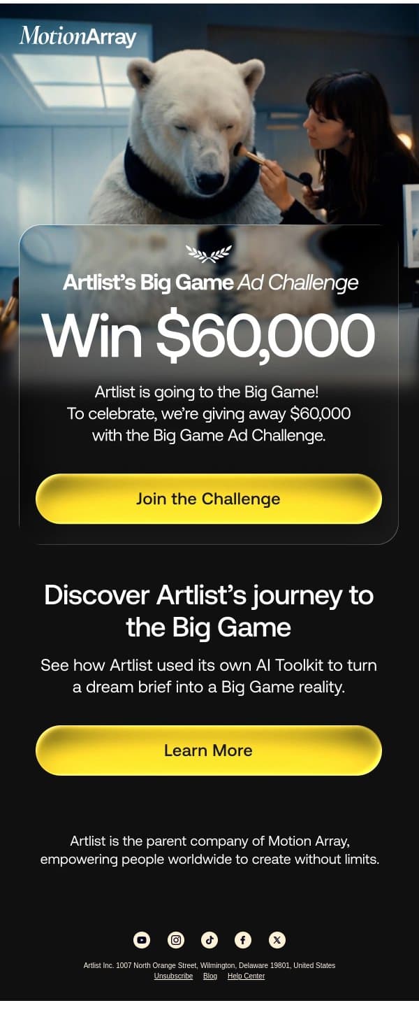 🏈🏆You could win $60,000 with Artlist’s Big Game Ad Challenge email from Motion Array screenshot