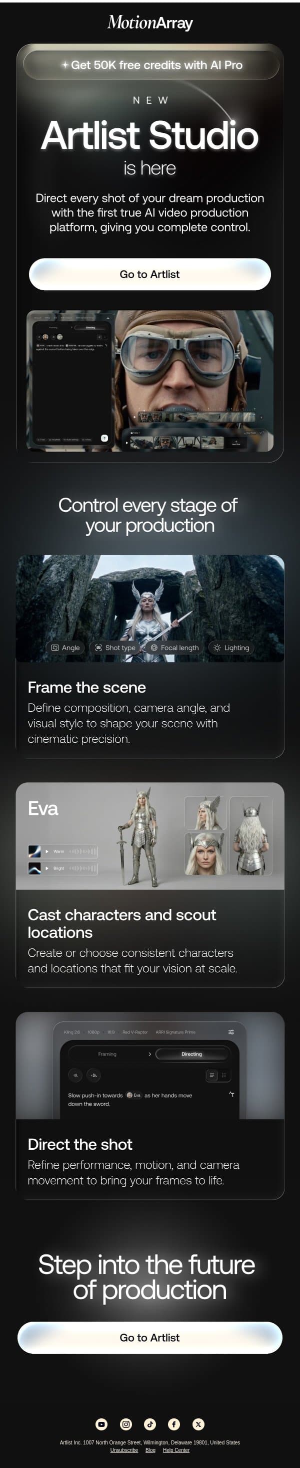 Artlist Studio is here: The complete AI production platform email from Motion Array screenshot