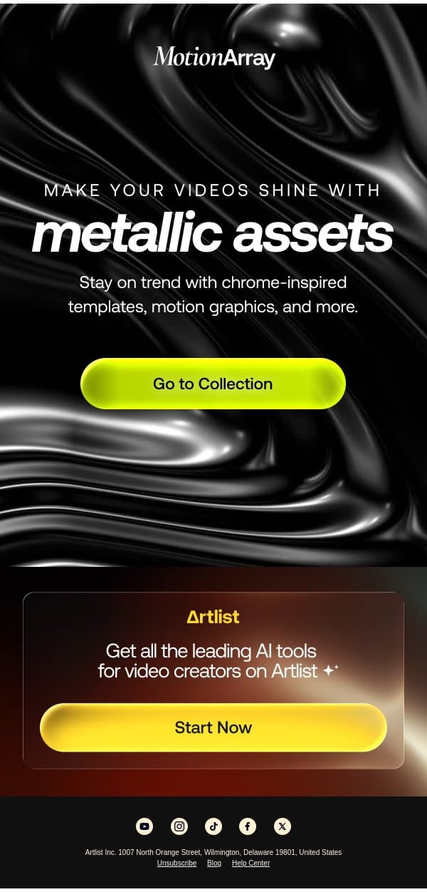 Get metallic creative assets to keep you on trend email from Motion Array screenshot