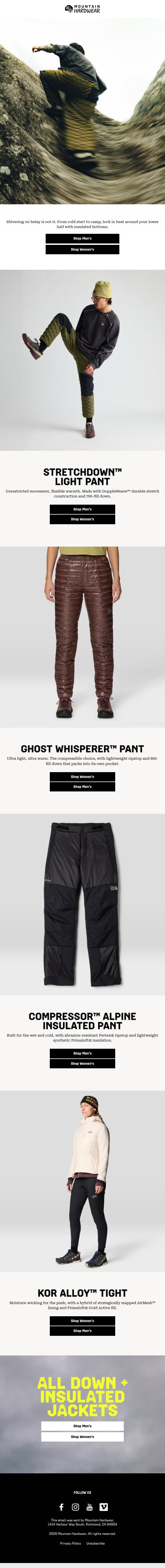 Insulated bottoms for cold pursuits email from Mountain Hardwear screenshot