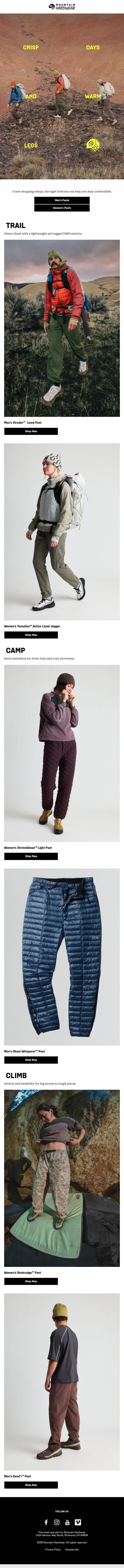 Cold weather bottoms by activity email from Mountain Hardwear screenshot