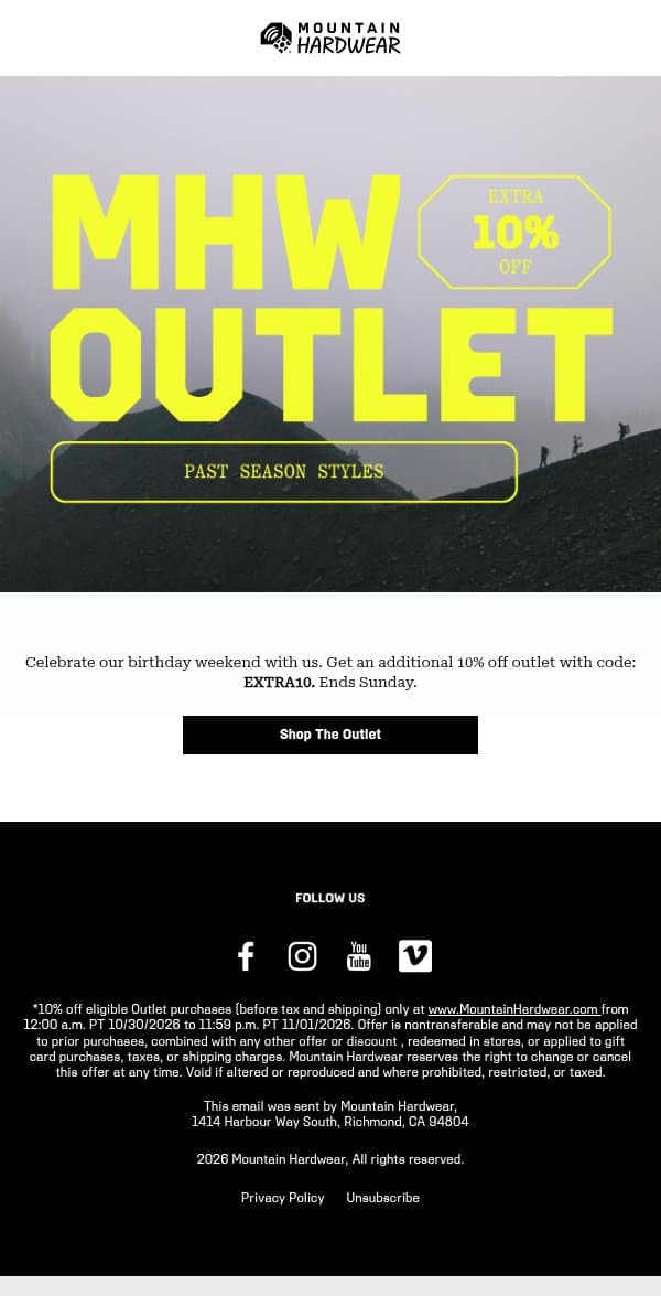 Extra 10% off Outlet starts now. email from Mountain Hardwear screenshot