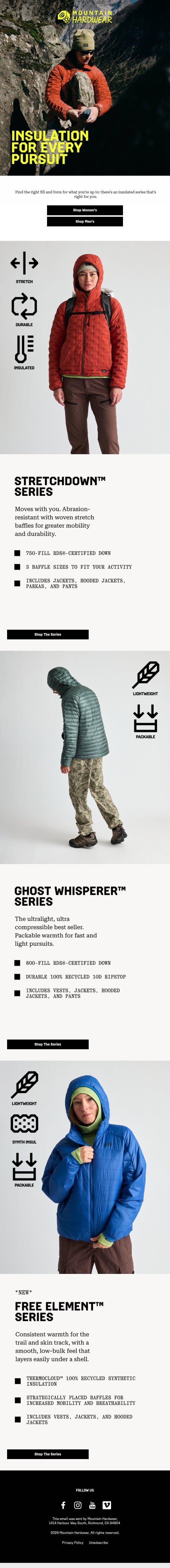 Down or synthetic: top 3 for cold temps email from Mountain Hardwear screenshot