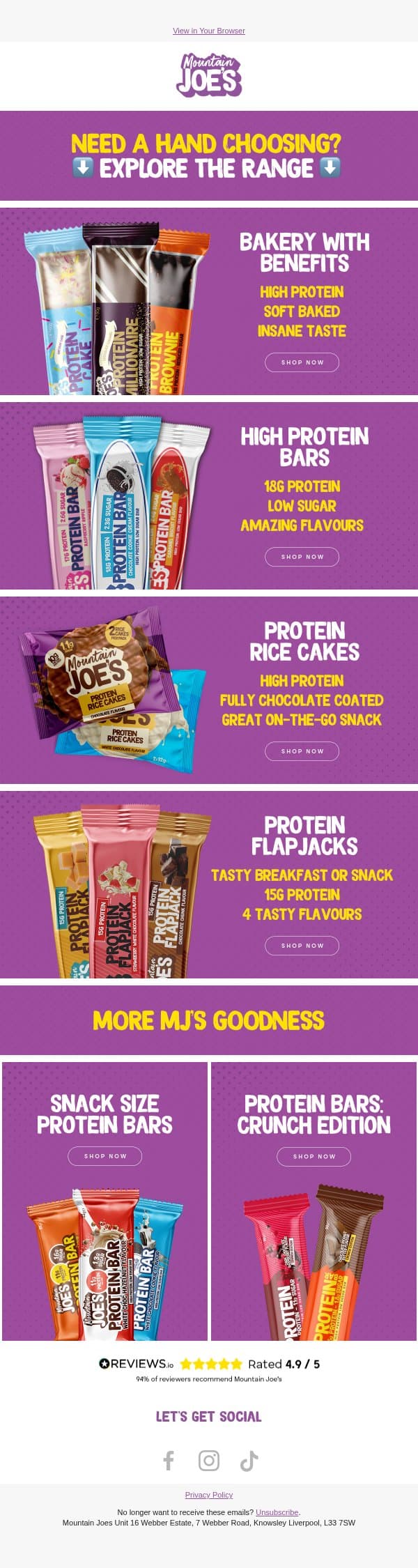 Showcasing all our protein bars 🍫 email from Mountain Joe's screenshot