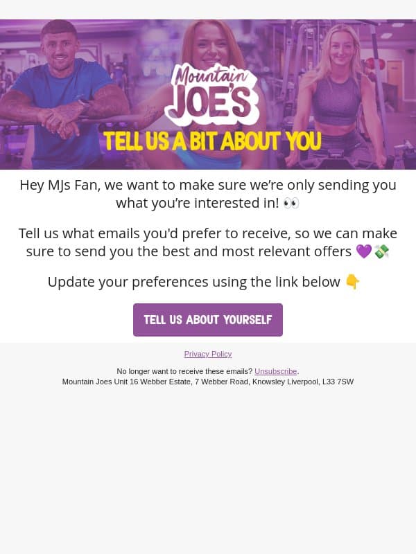 Let's get to know you email from Mountain Joe's