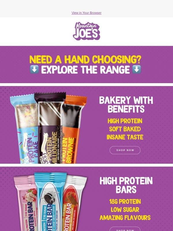 Showcasing all our protein bars 🍫 email from Mountain Joe's