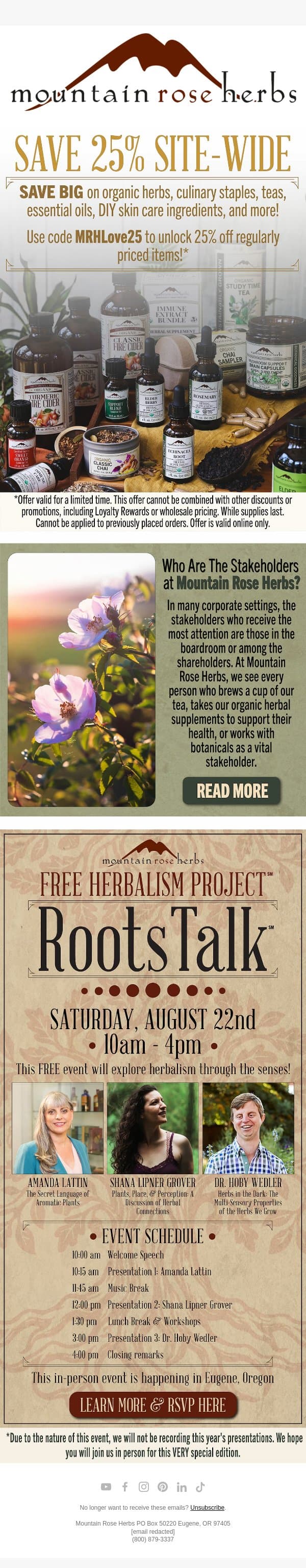 Save 25% Site-Wide! email from Mountain Rose Herbs screenshot