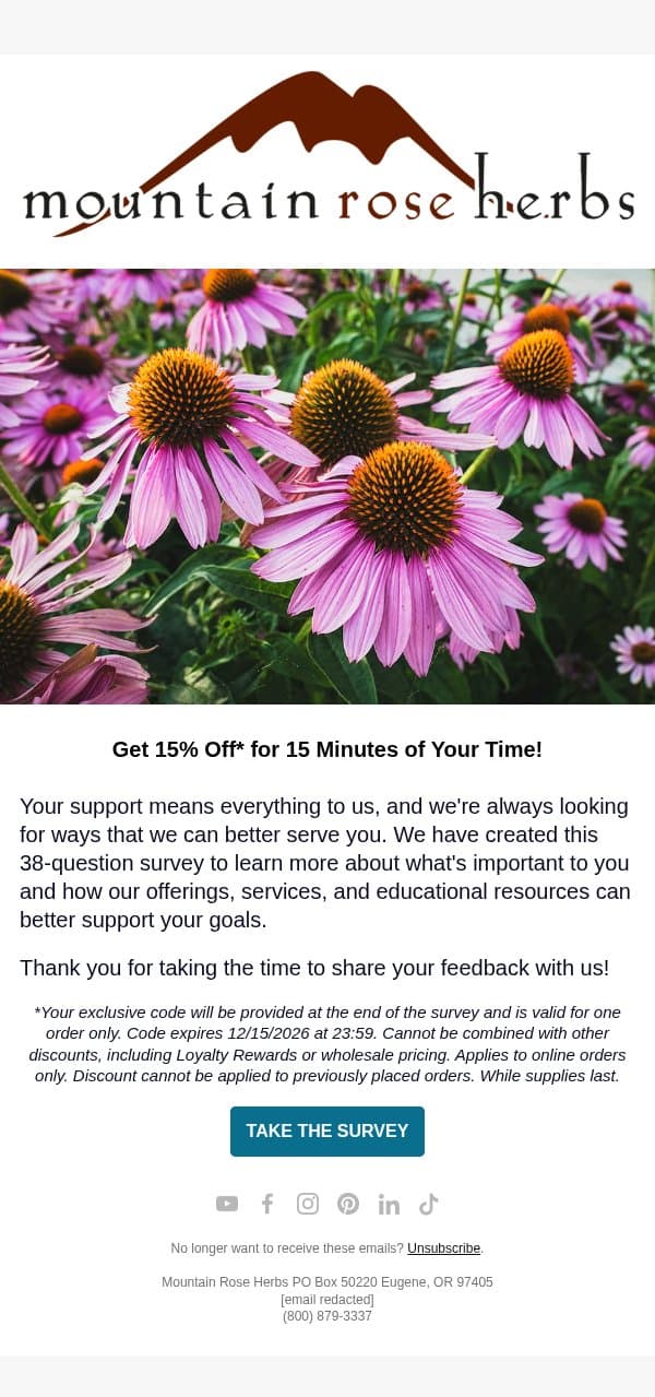 We Would Love Your Feedback email from Mountain Rose Herbs screenshot