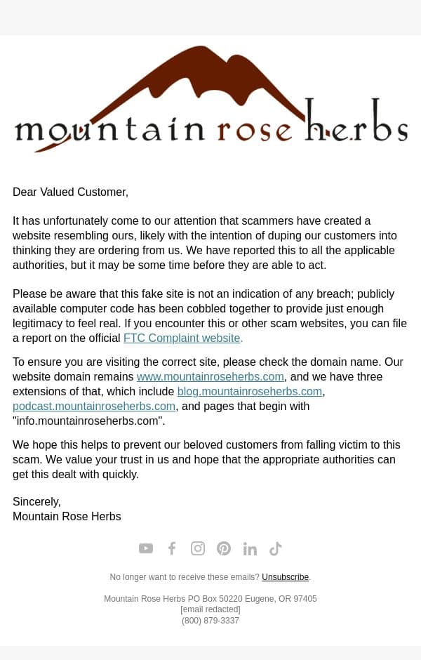An Important Message From Mountain Rose Herbs email from Mountain Rose Herbs screenshot