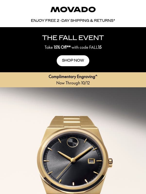 Best Sellers are 15% Off email from Movado