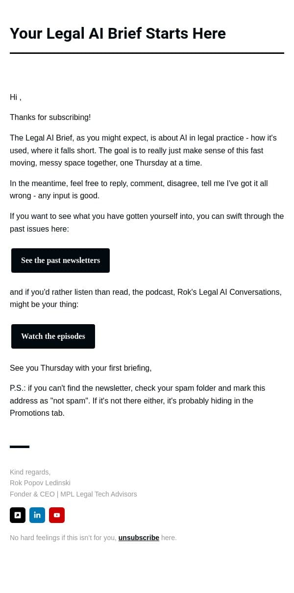 Welcome to Legal AI Brief! email from MPL Advisors screenshot