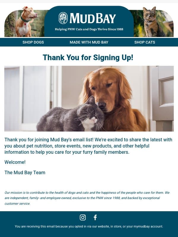 Thanks for signing up adam! email from Mud Bay