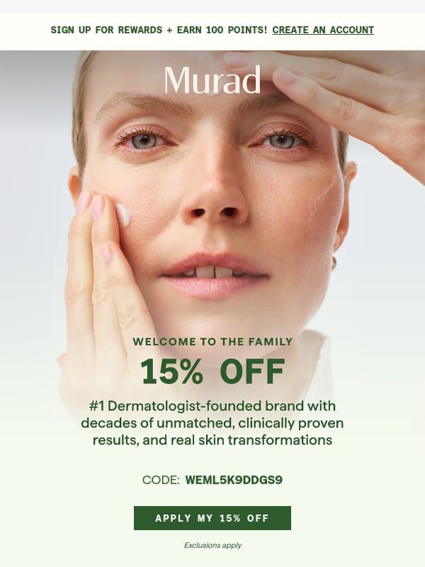 Welcome! Enjoy 15% Off email from Murad