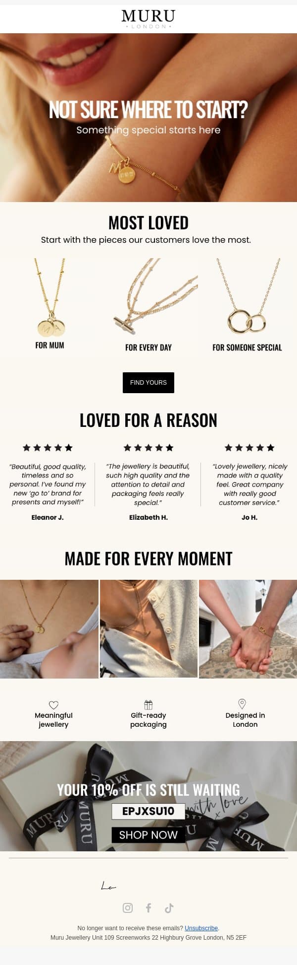 Not sure where to start? email from Muru Jewellery screenshot