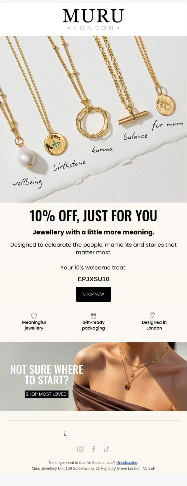 Thanks for joining Muru! email from Muru Jewellery screenshot