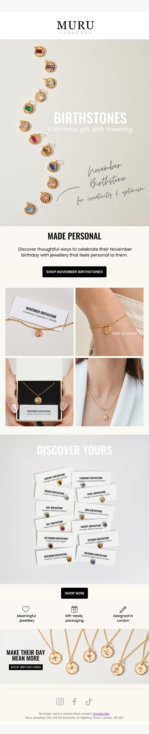Know someone with a November birthday? email from Muru Jewellery screenshot