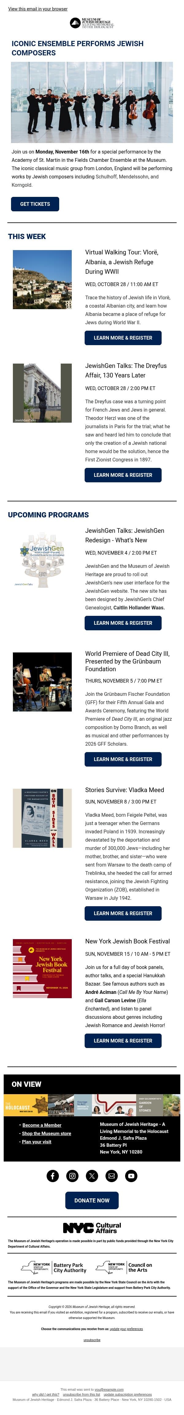Don't Miss this Iconic Music Ensemble at MJH! email from Museum of Jewish Heritage screenshot
