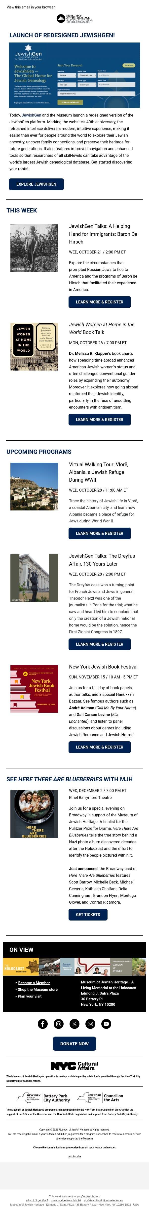 JewishGen Has a New Look! email from Museum of Jewish Heritage screenshot