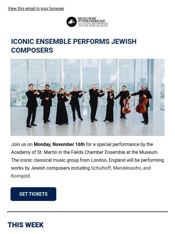 Don't Miss this Iconic Music Ensemble at MJH! email from Museum of Jewish Heritage