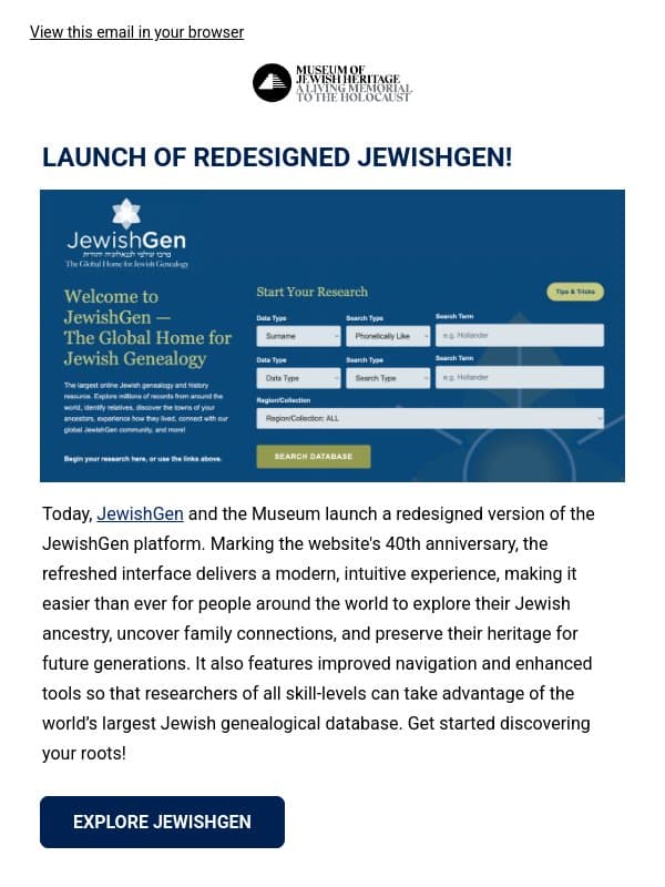 JewishGen Has a New Look! email from Museum of Jewish Heritage
