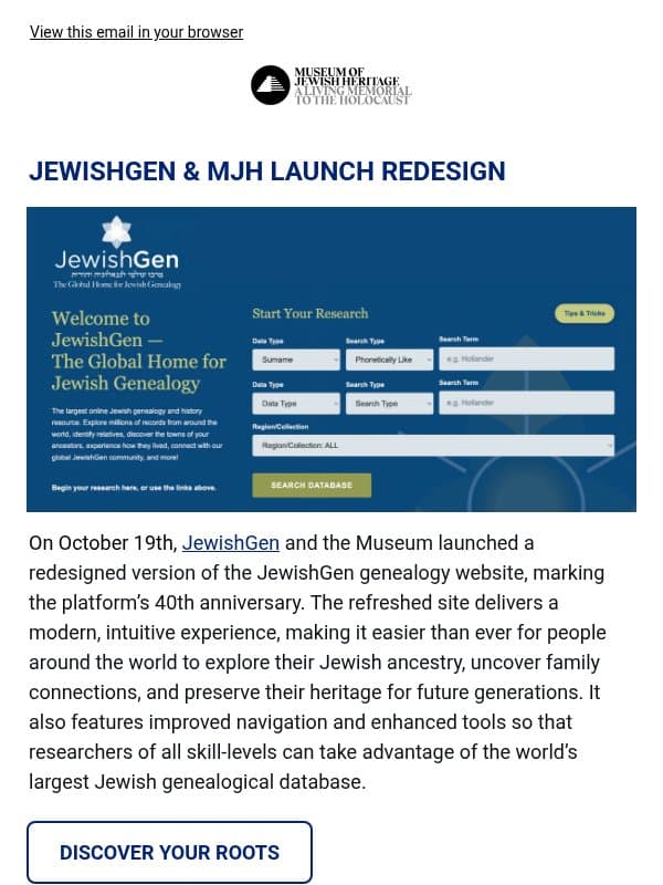 JewishGen Stories from the Museum email from Museum of Jewish Heritage
