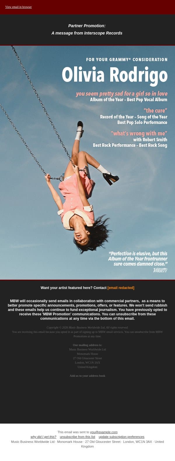 Olivia Rodrigo: For Your GRAMMY® Consideration email from Music Business Worldwide screenshot