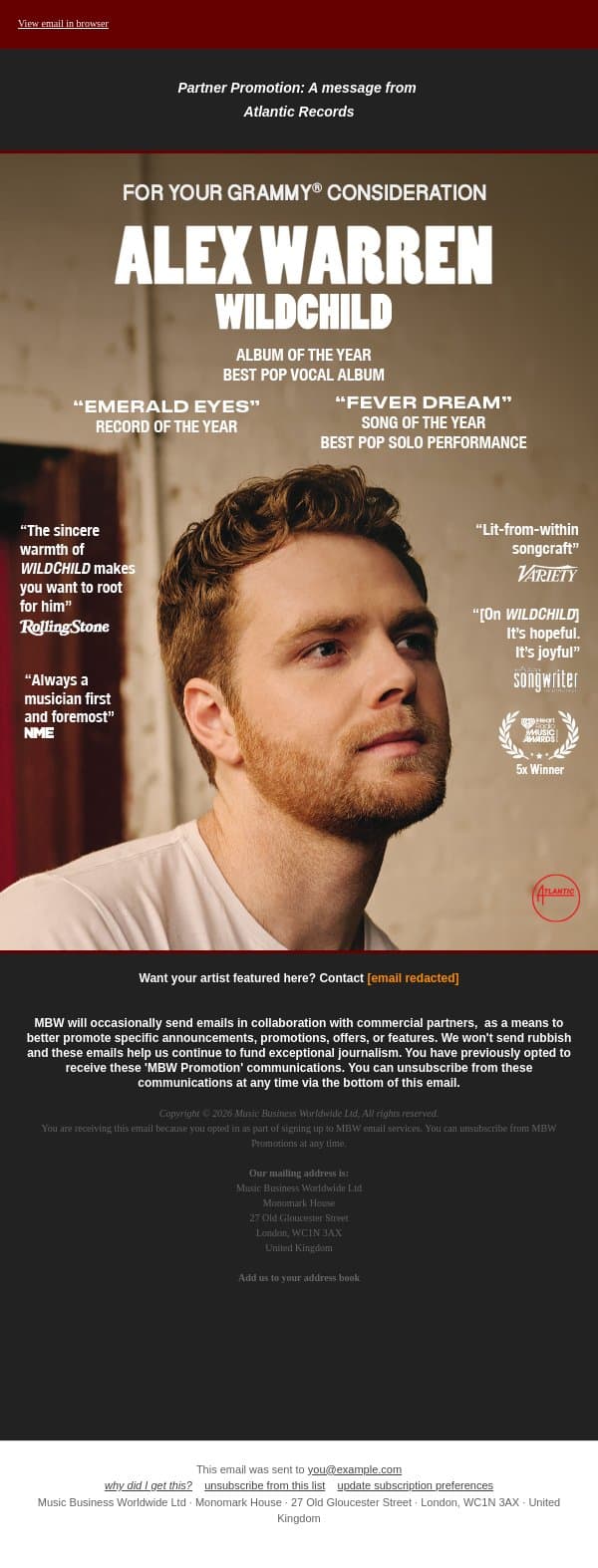 Alex Warren: For Your GRAMMY® Consideration email from Music Business Worldwide screenshot