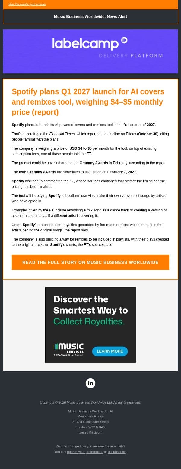 πΆ Spotify plans Q1 2027 launch for AI covers and remixes tool, weighing $4β$5 monthly price (report) email from Music Business Worldwide screenshot