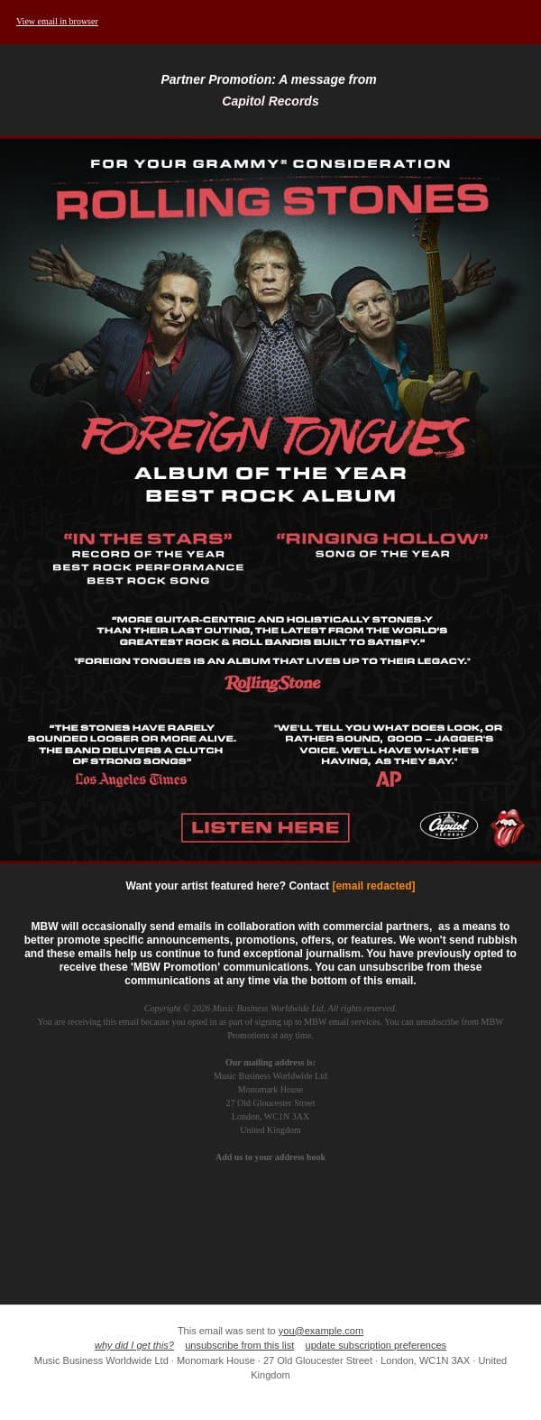 The Rolling Stones: For Your GRAMMY® Consideration email from Music Business Worldwide screenshot
