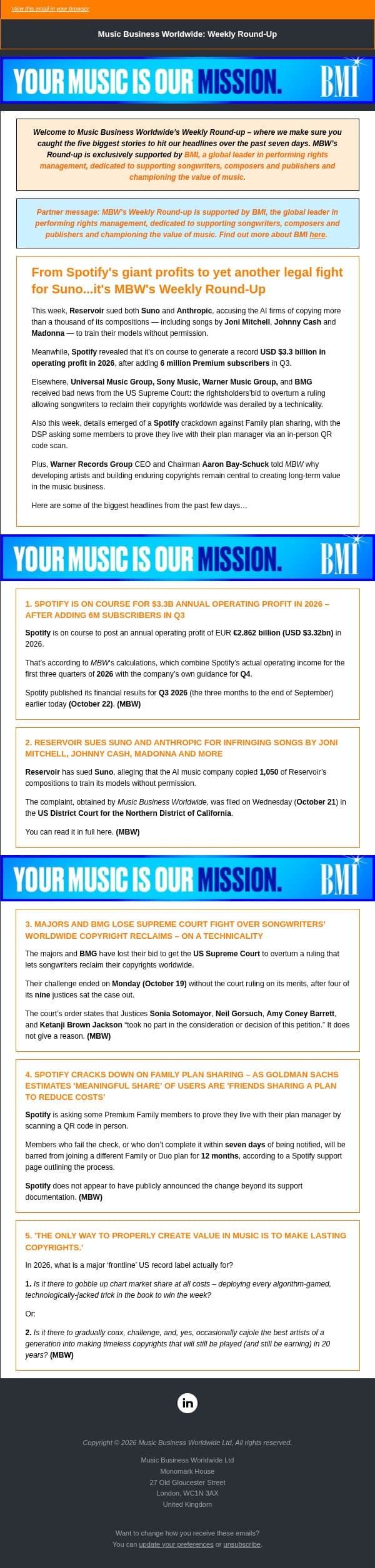 📌 From Spotify's giant profits to yet another legal fight for Suno...it's MBW's Weekly Round-Up email from Music Business Worldwide screenshot