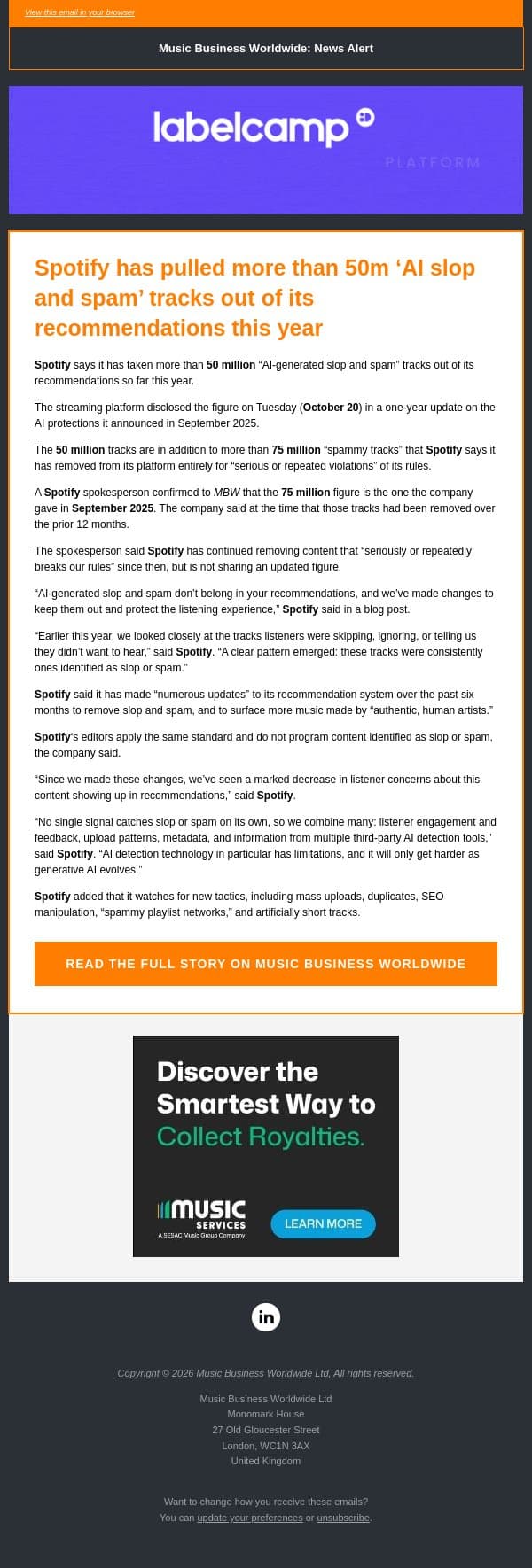 🔶 Spotify has pulled more than 50m ‘AI slop’ tracks from its recommendations this year email from Music Business Worldwide screenshot