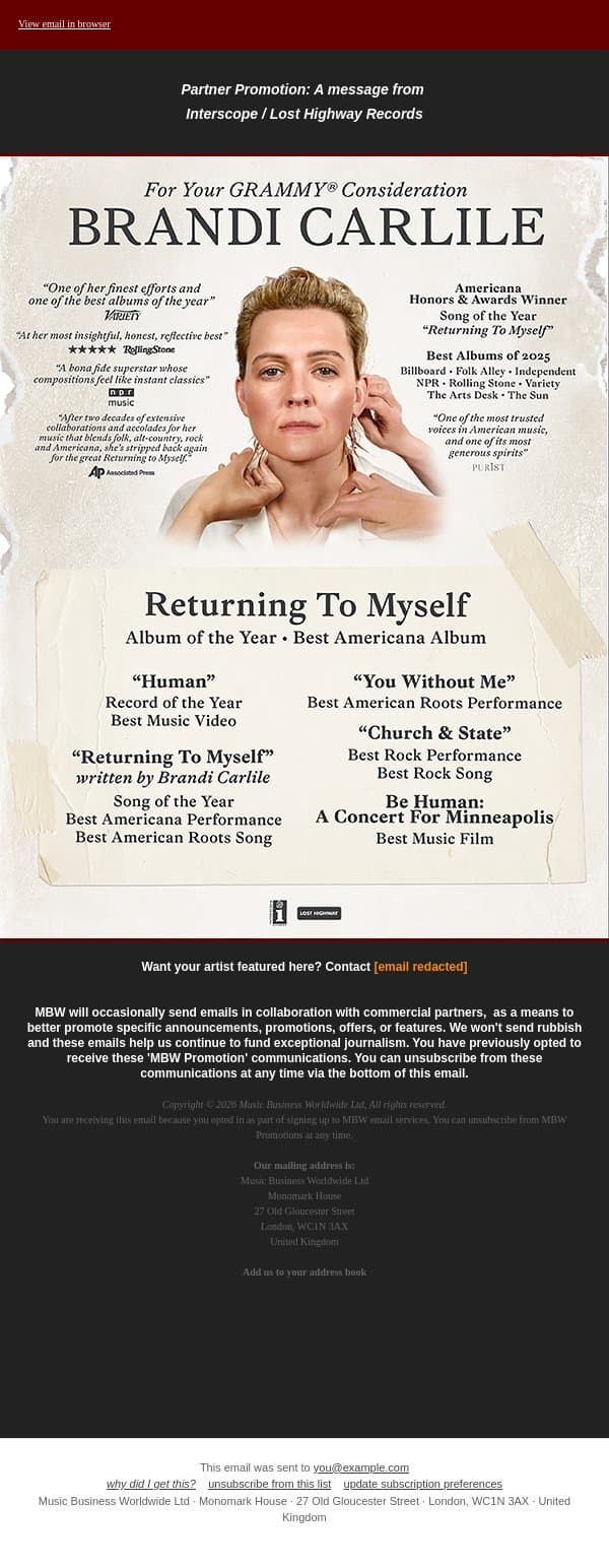Brandi Carlile: For Your GRAMMY® Consideration email from Music Business Worldwide screenshot