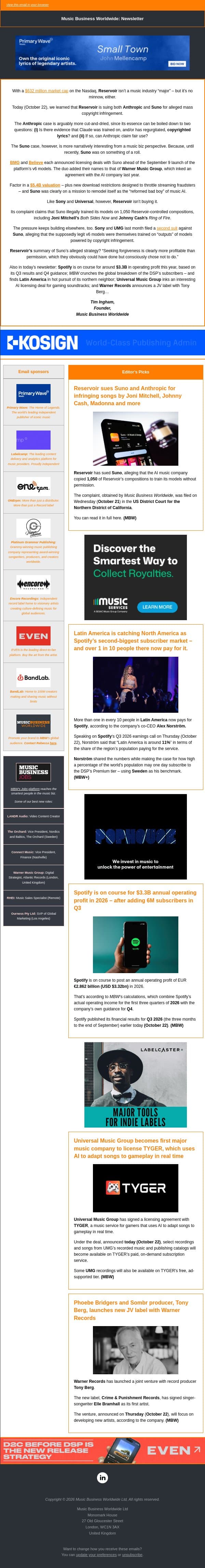✍️ Reservoir Declines To Join Suno Forgiveness Party email from Music Business Worldwide screenshot
