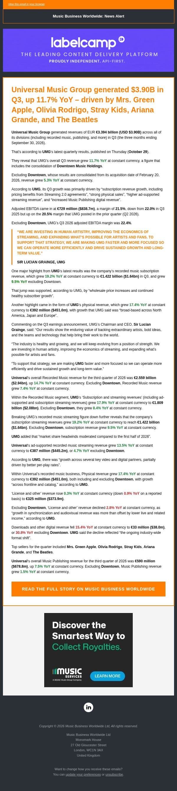 🔶 Universal Music Group generated $3.90B in Q3, up 11.7% YoY – driven by Mrs. Green Apple, Olivia Rodrigo, Stray Kids, Ariana Grande, and The Beatles email from Music Business Worldwide screenshot
