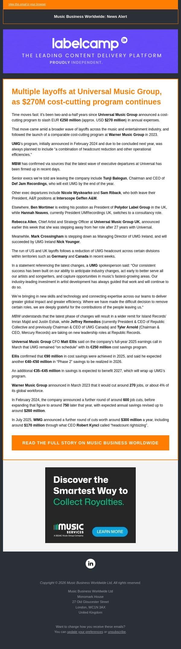 đź”¶ Multiple layoffs at Universal Music Group, as $270M cost-cutting program continues email from Music Business Worldwide screenshot